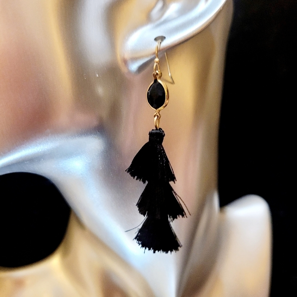 BOMBA 100% SILK SOFT BLACK LAYERED TASSEL EARRINGS